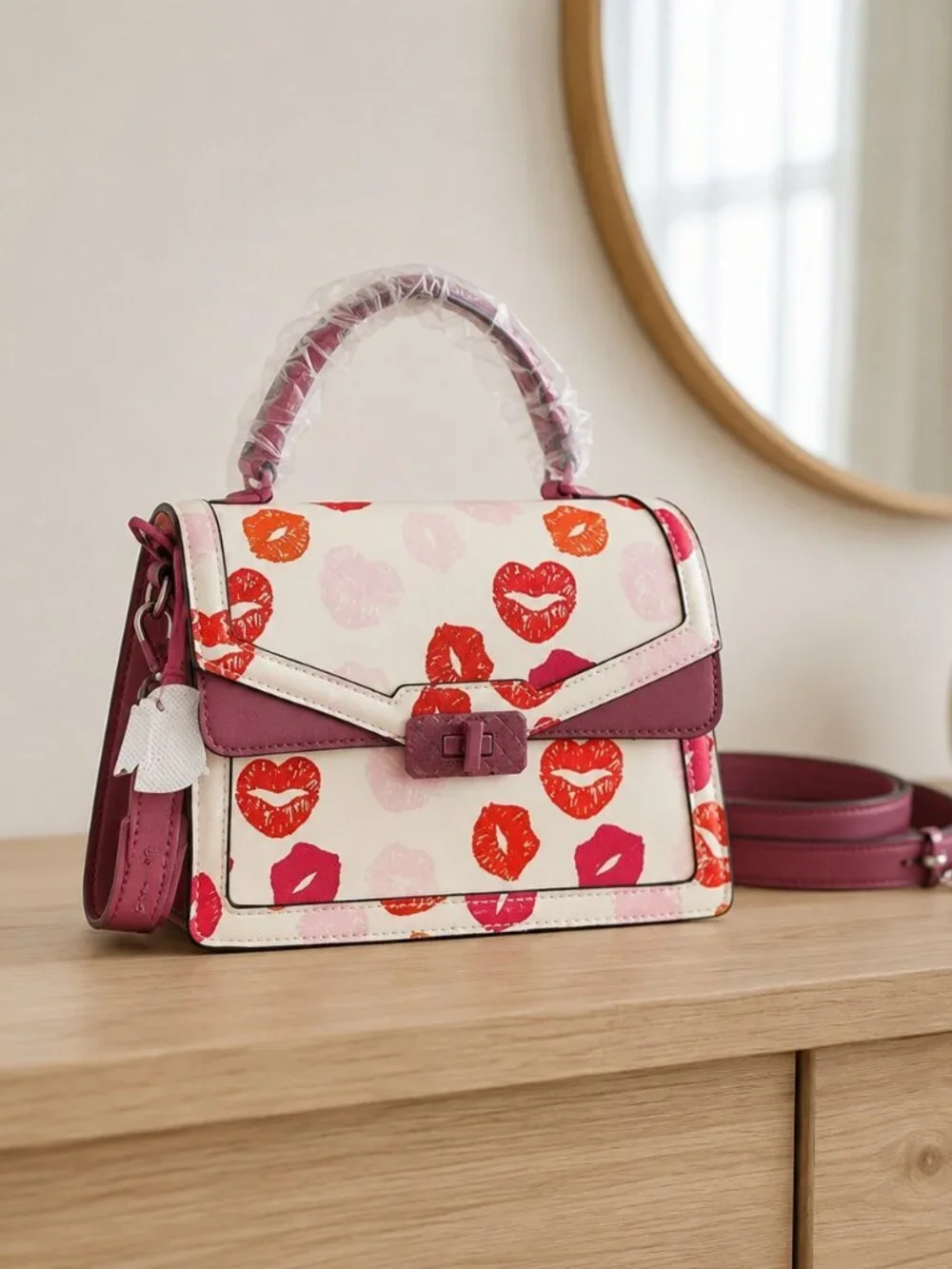 ALDO Lips Print Satchel Bag Crossbody Strap Multicolor Kiss NWT